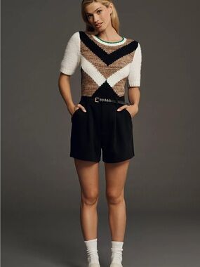 Maeve by Anthropologie Chevron Intarsia Shrunken Short-Sleeve Sweater XS